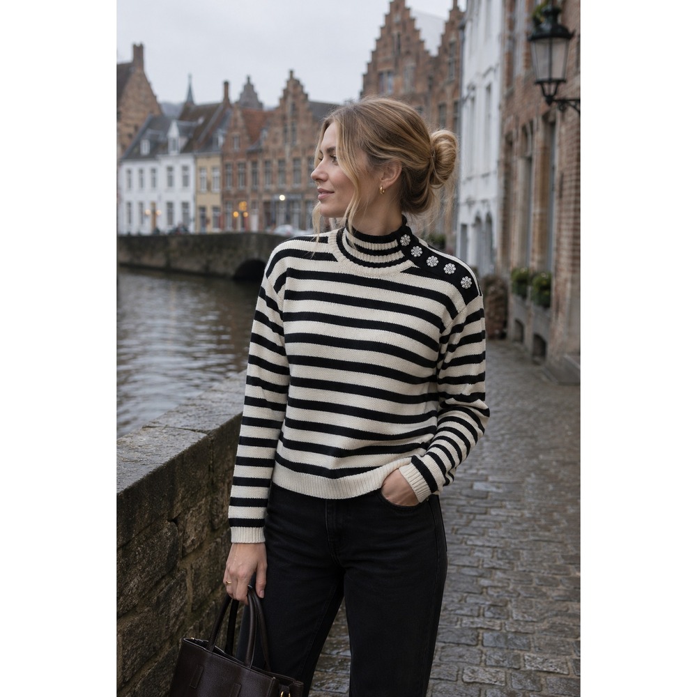 J.Crew Womens Small Cable Knit Mockneck Pullover Sweater Stripe Jewel Buttons LS